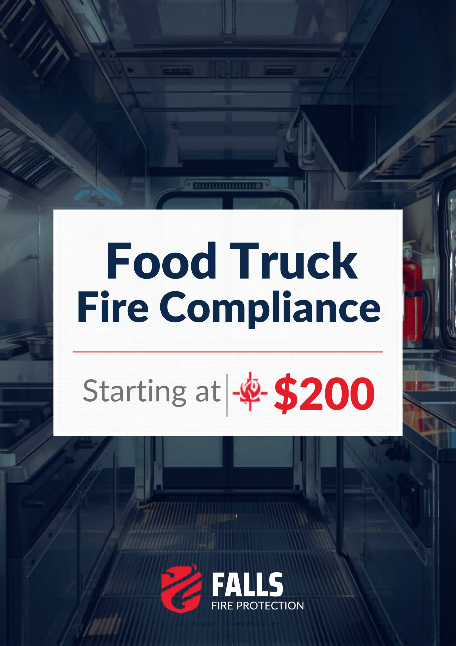 Food truck kitchen interior with fire suppression system and compliance equipment